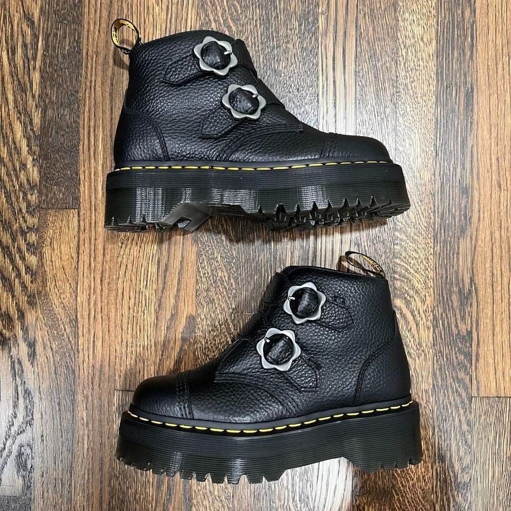 dr. martens devon flower buckle leather platform black milled nappa Size 6W